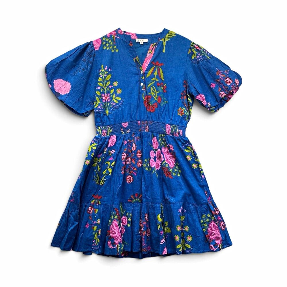THML Blue Floral Puff Sleeve V-Neck Smocked Waist Fit & Flare Dress M SRT1871